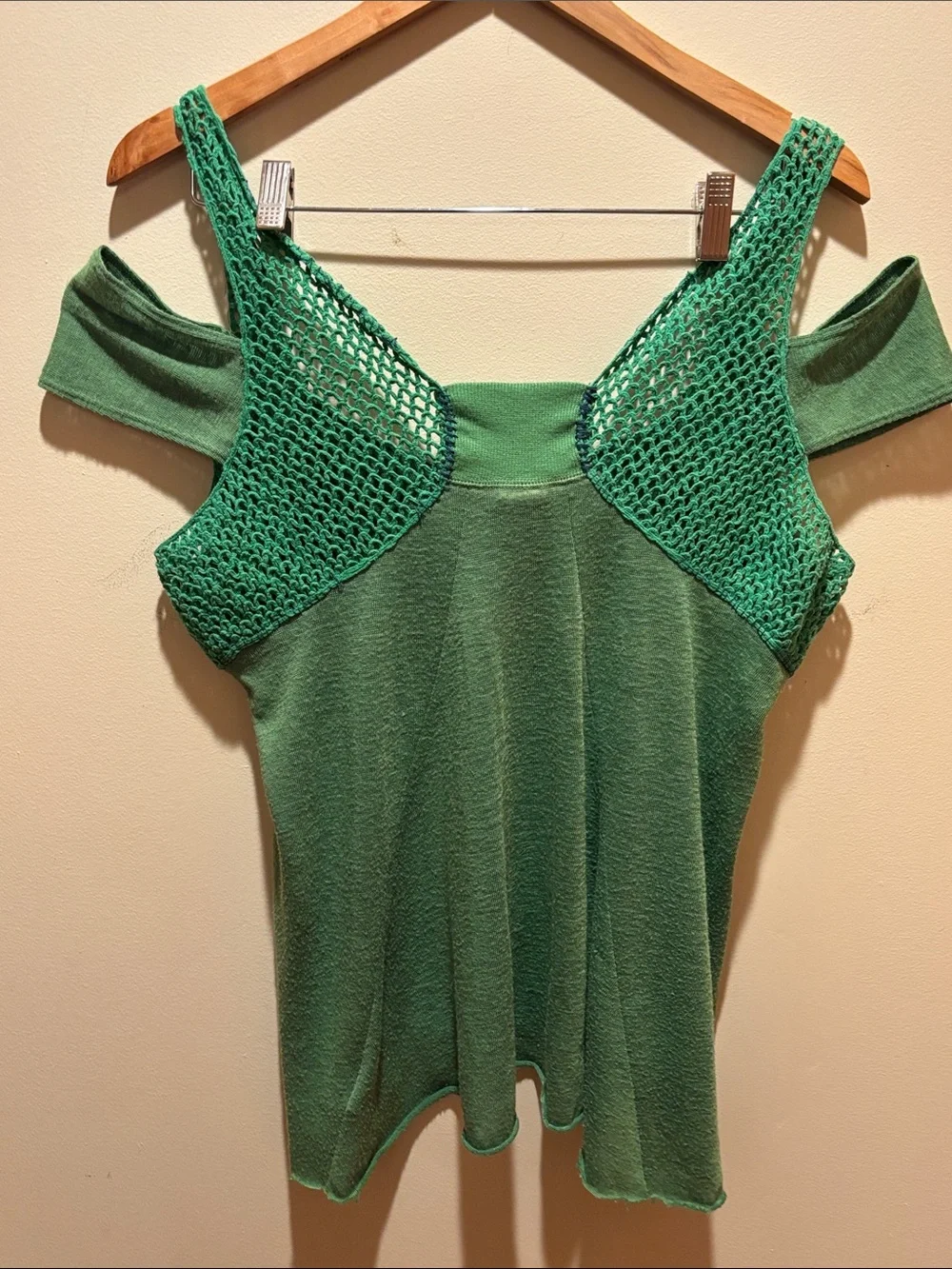 Free People Green Cold-Shoulder Knit Tank with Crochet Straps